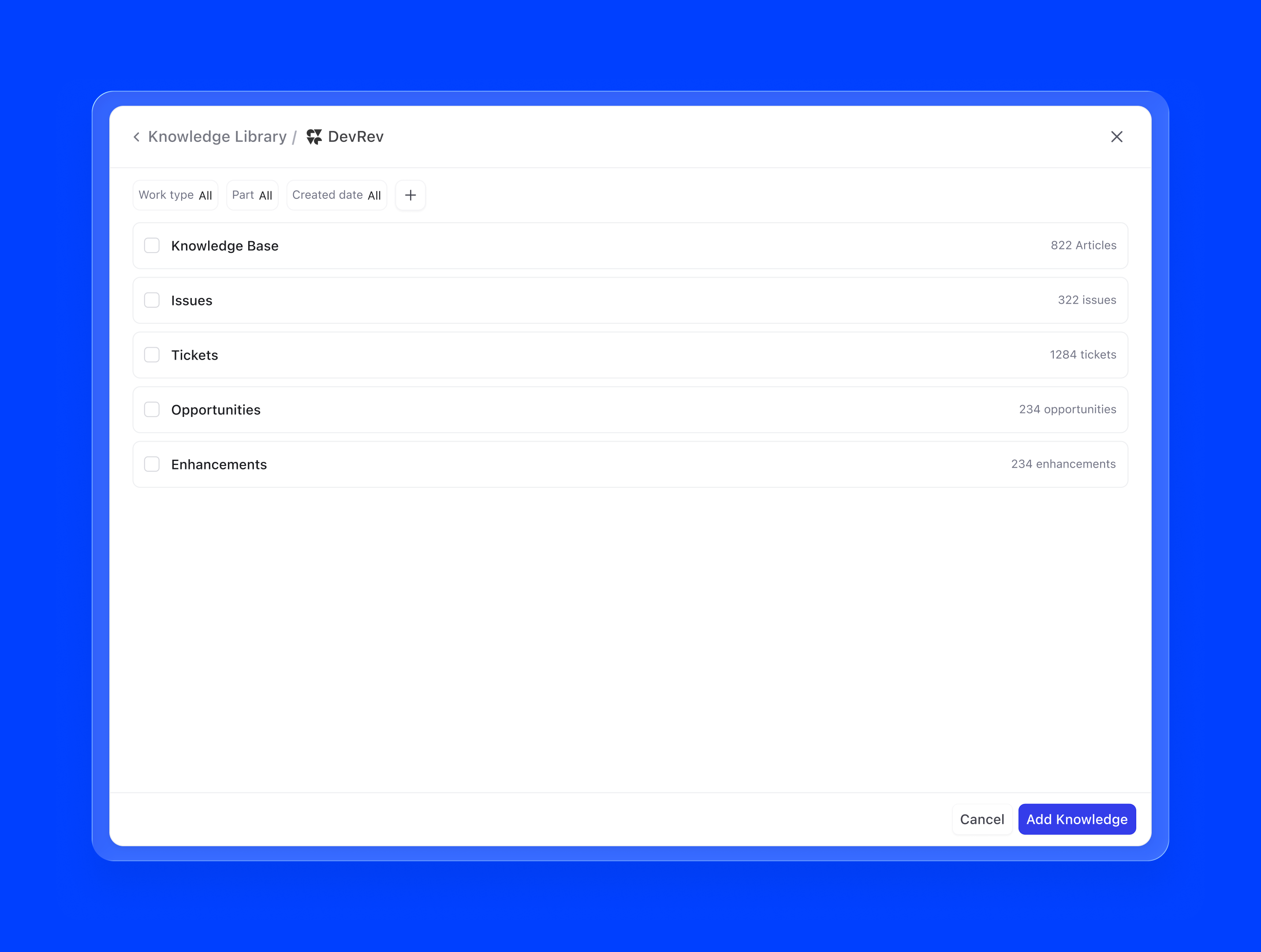 Add knowledge — DevRev objects