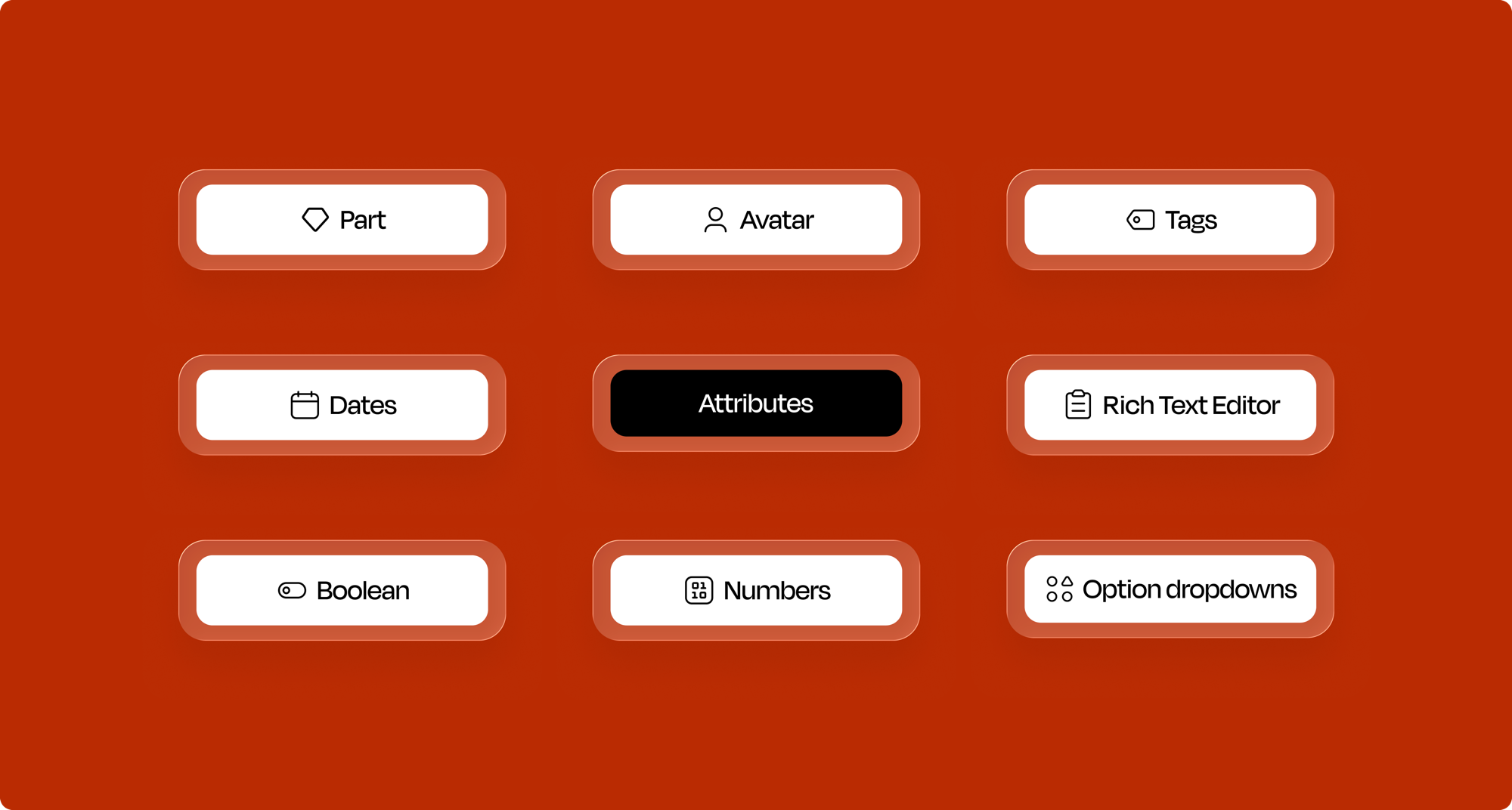 Attribute type system showing Part, Avatar, Tags, Rich Text Editor, Boolean, and List