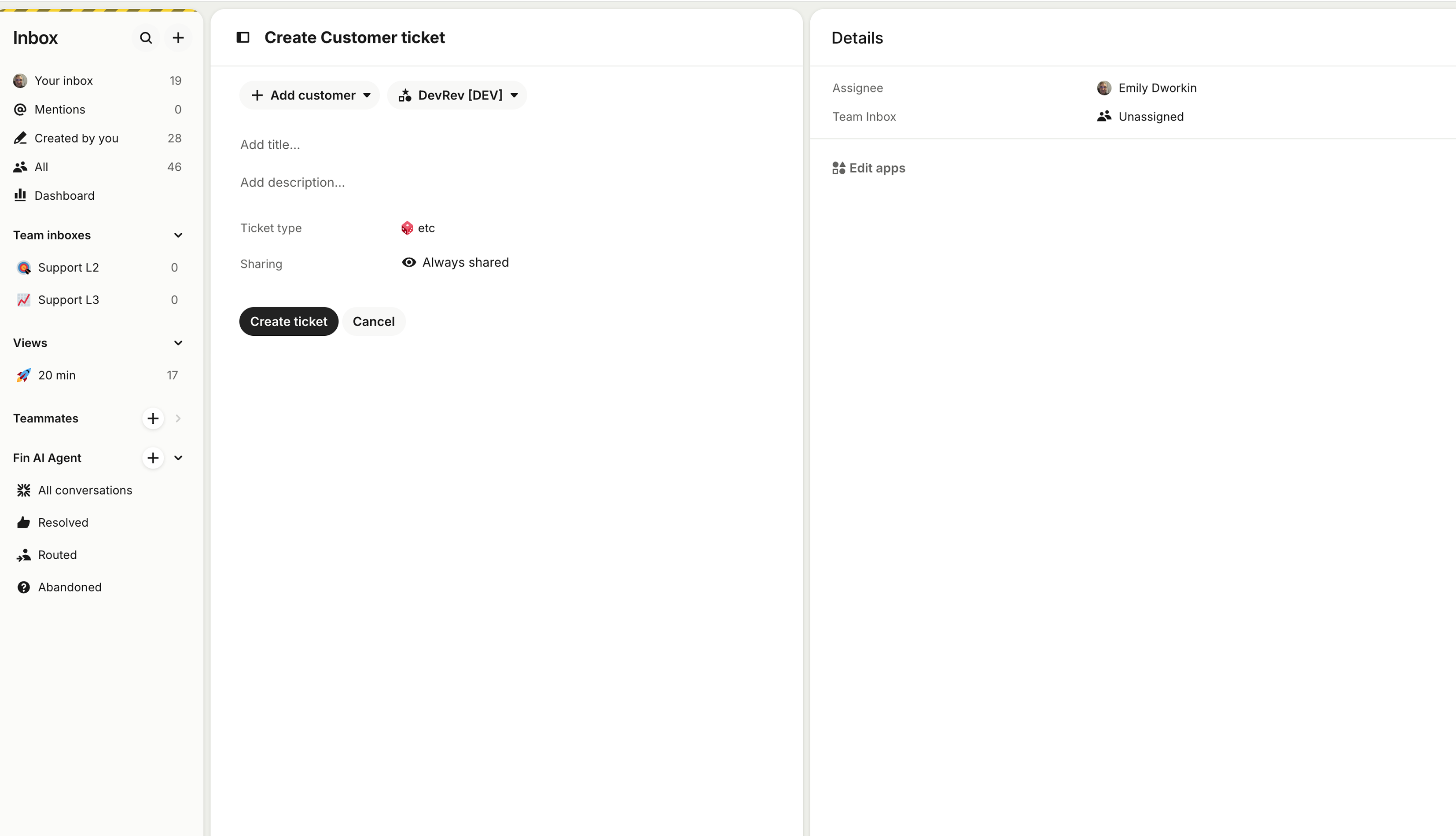 Intercom ticket creation flow