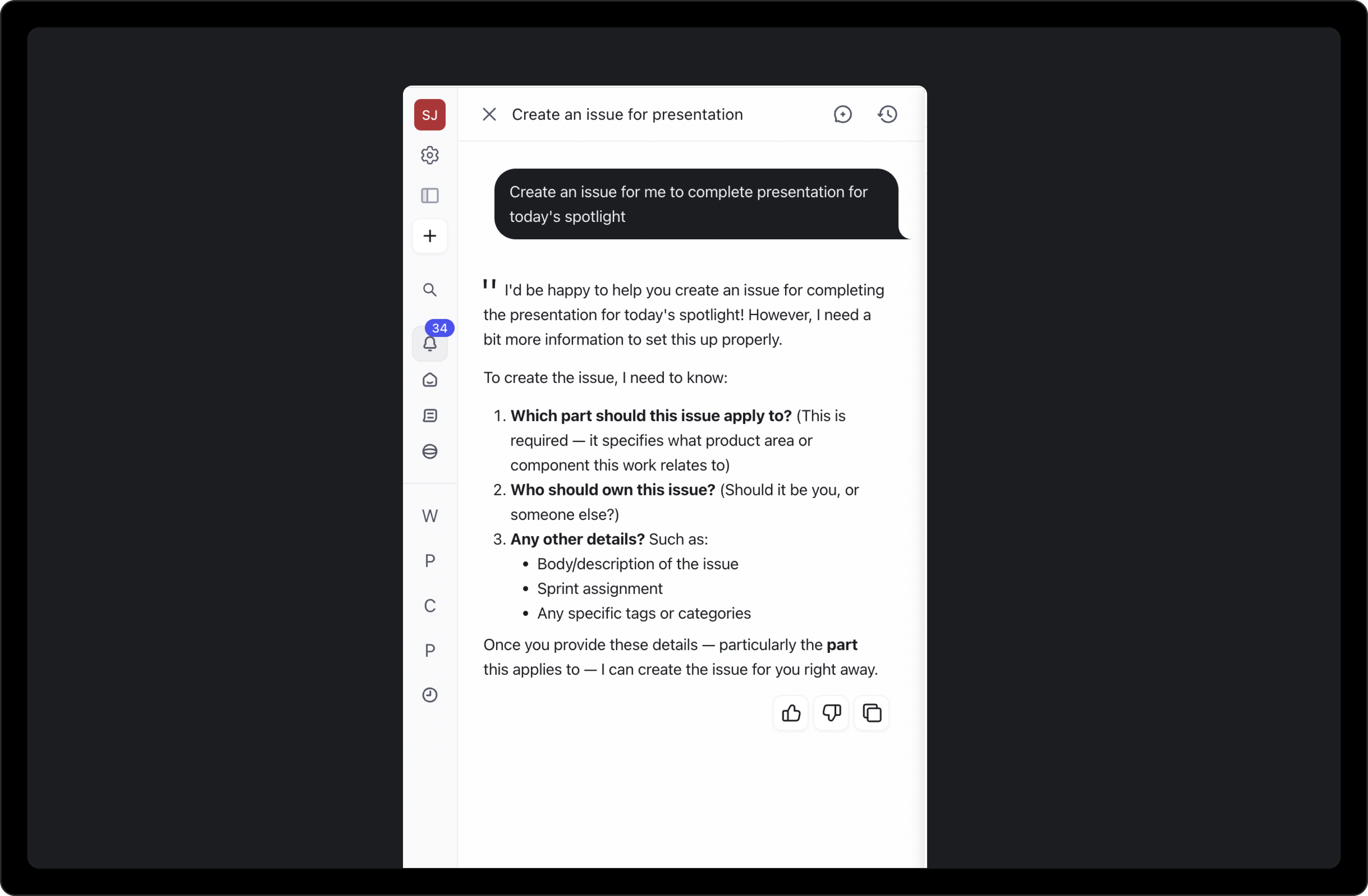 DevRev Computer AI assistant creating an issue through conversation