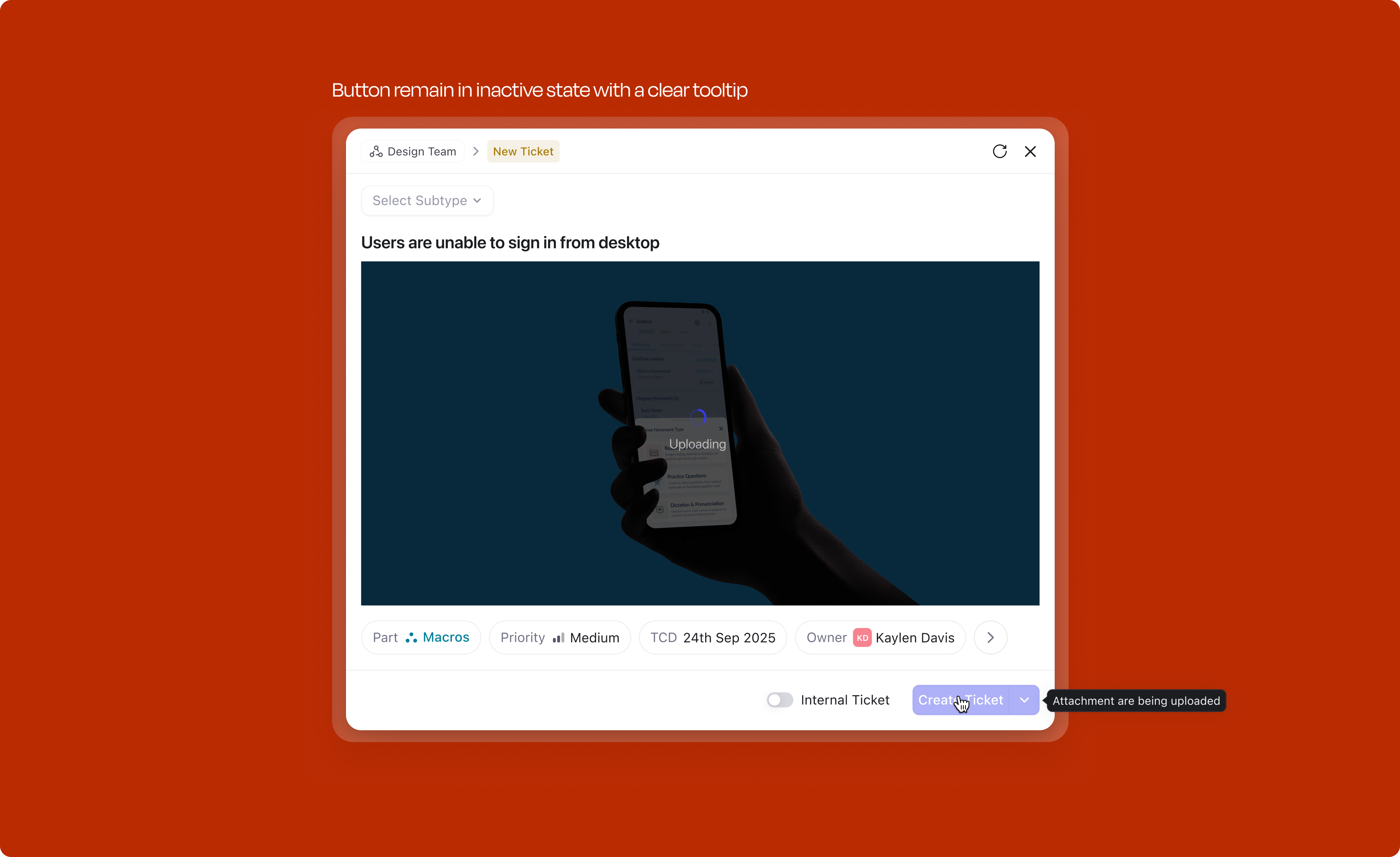 Create button disabled with tooltip while media uploads