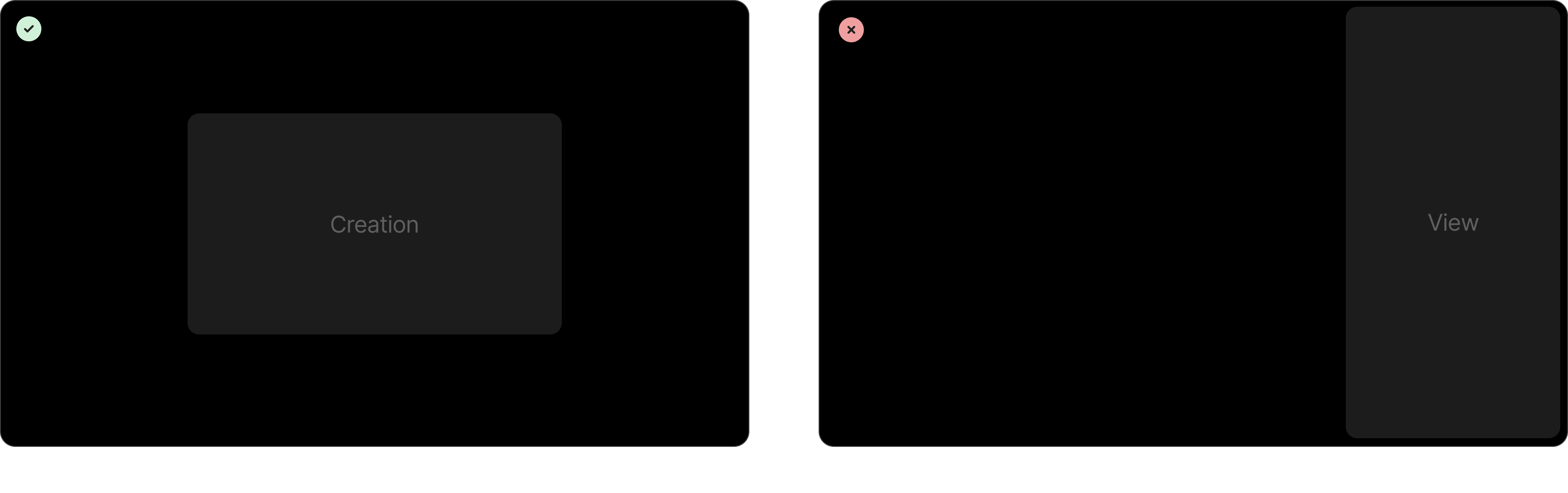 Modal vs side panel comparison — modal for creation, side panel for viewing