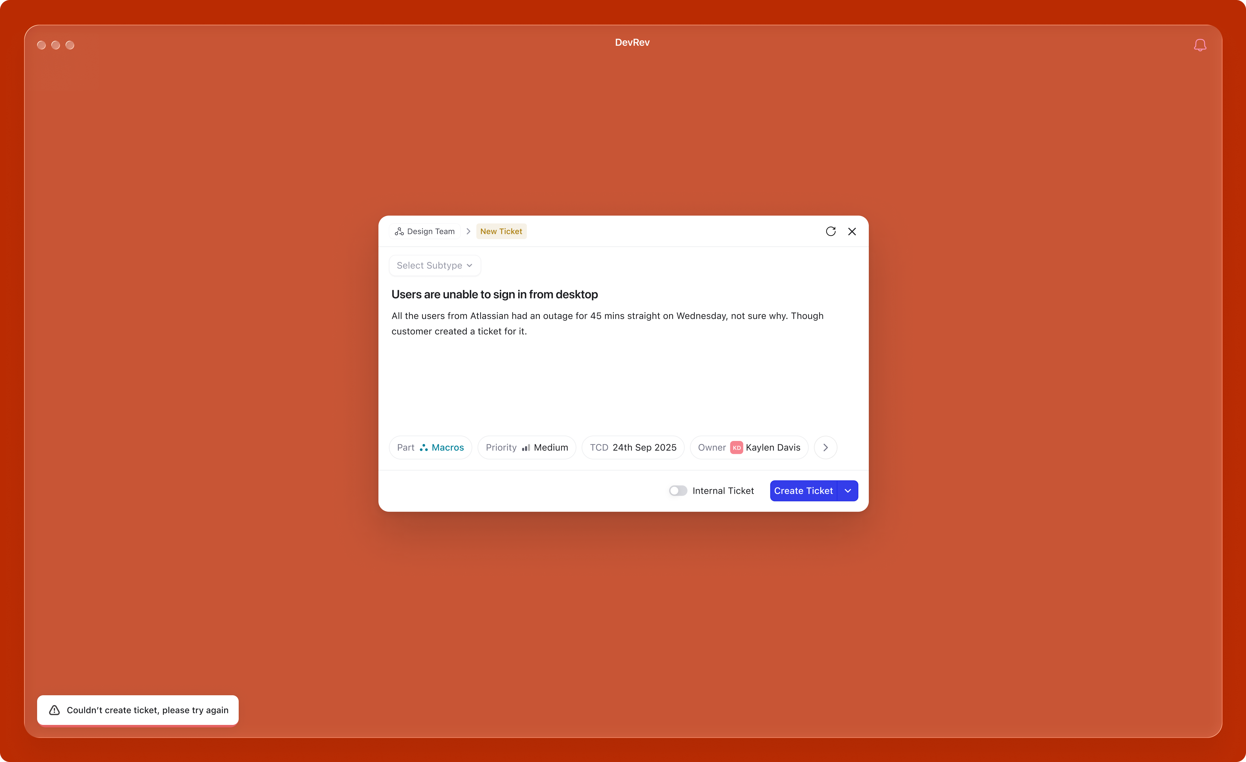Server error state in the create modal