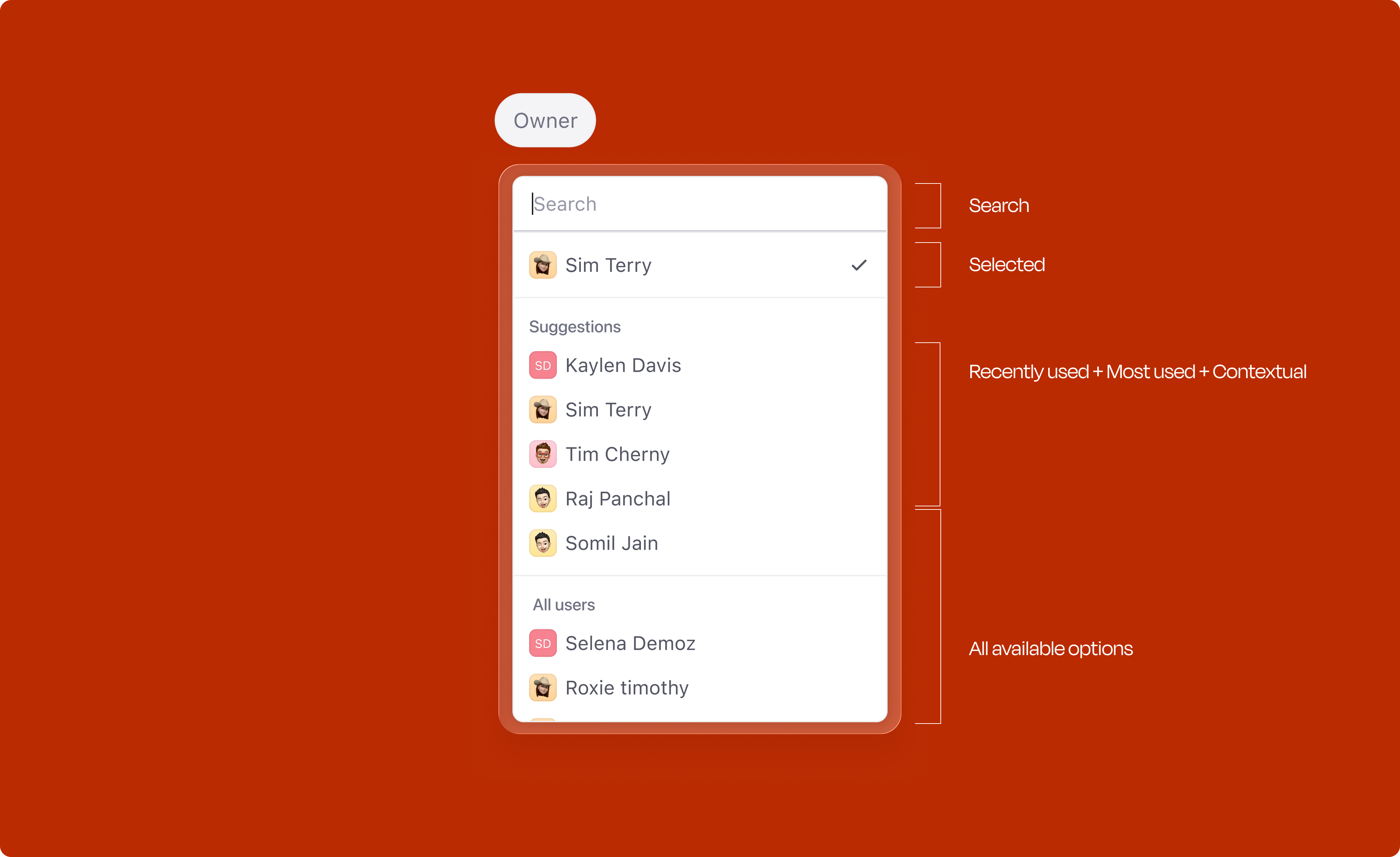 Attribute dropdown — filled state with suggestions ranked by recency, usage, and context