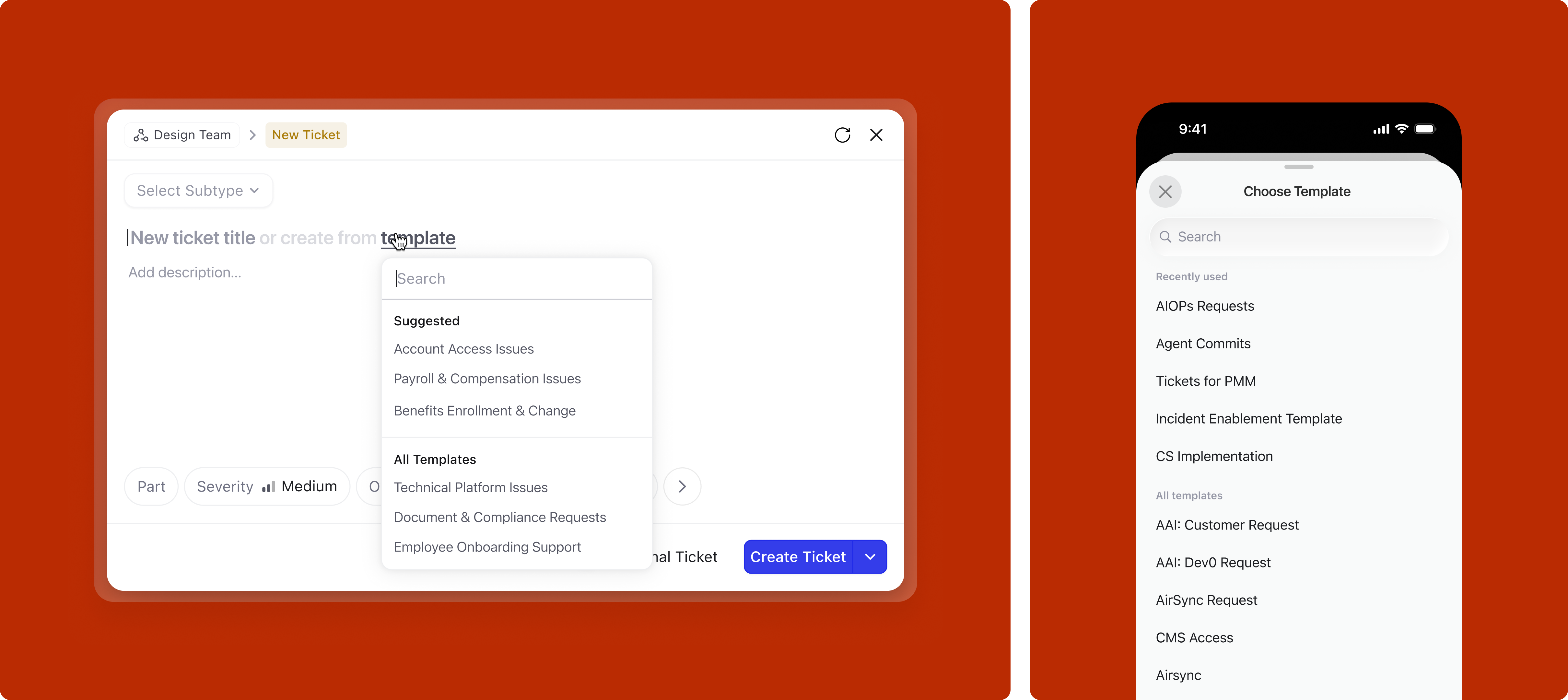 Template picker with subtype selected — shows subtype templates by default, search reveals all